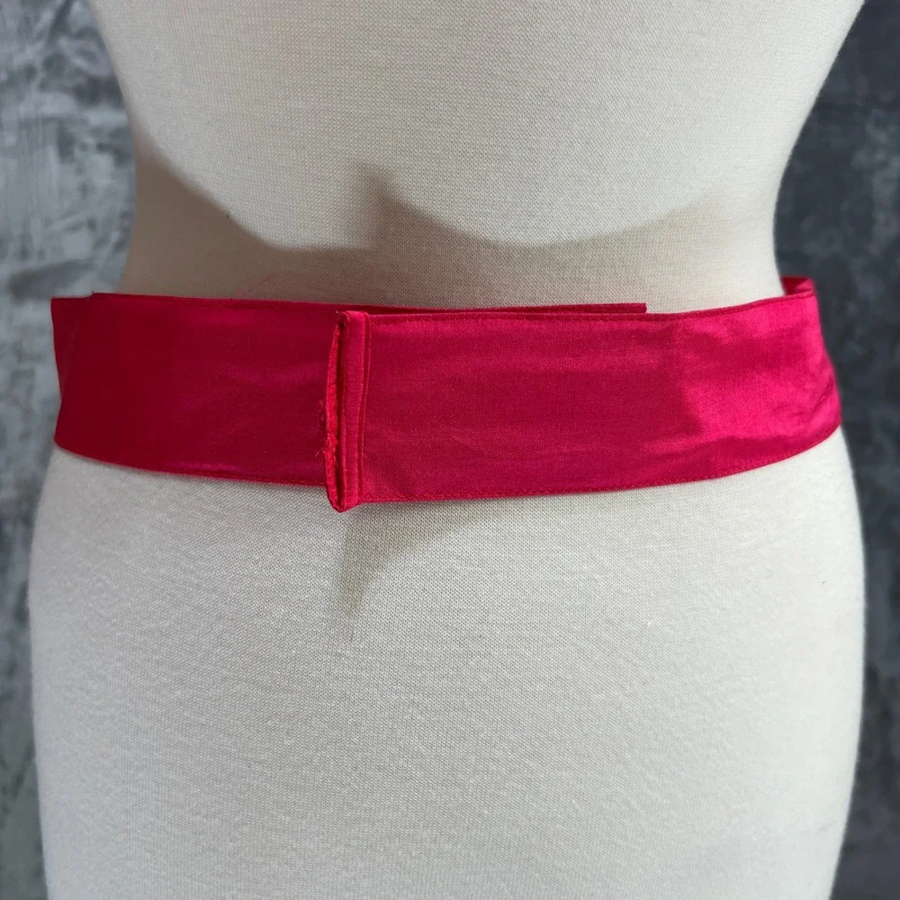 VTG 80s Hot Pink Knotted Braided Fabric Statement Belt Gold Hook Loop Retro S/M